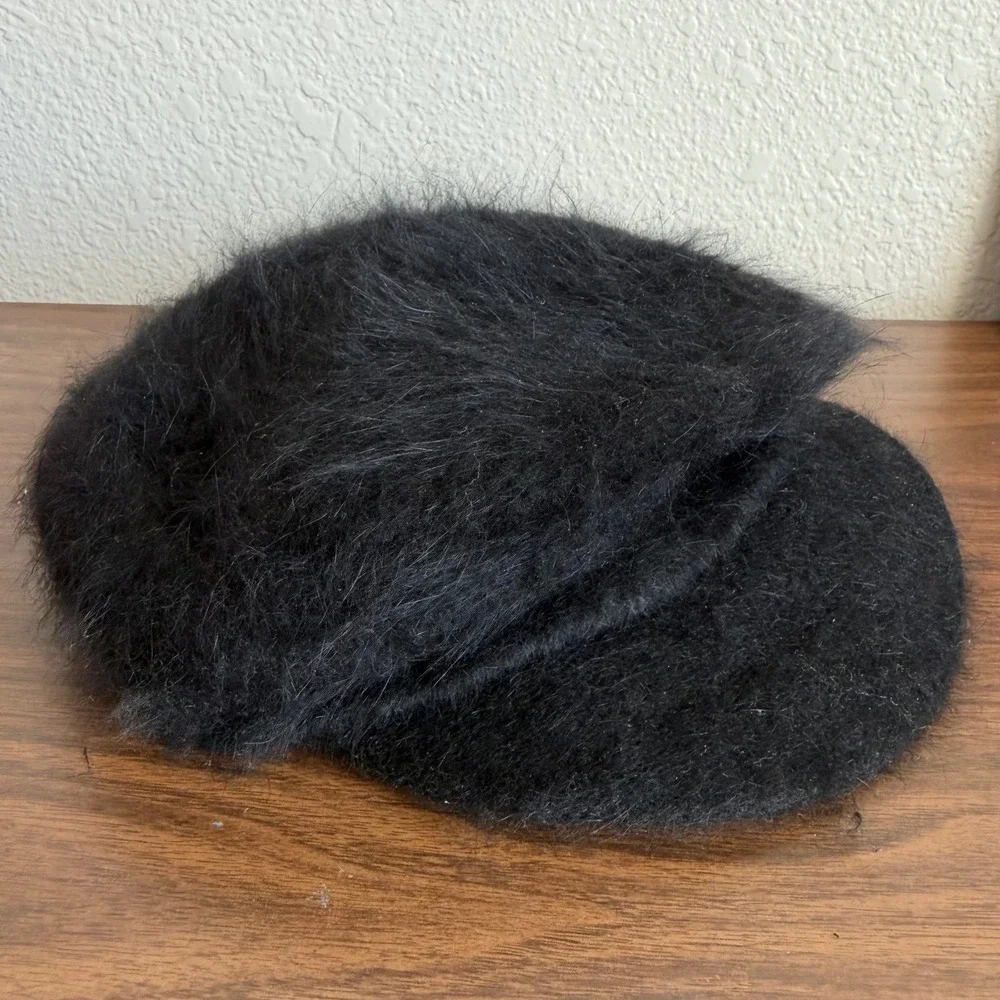 Vintage Fuzzy Black Angora Rabbit Hair Newsboy Cap Baker Boy Hat Preppy 90's Y2K